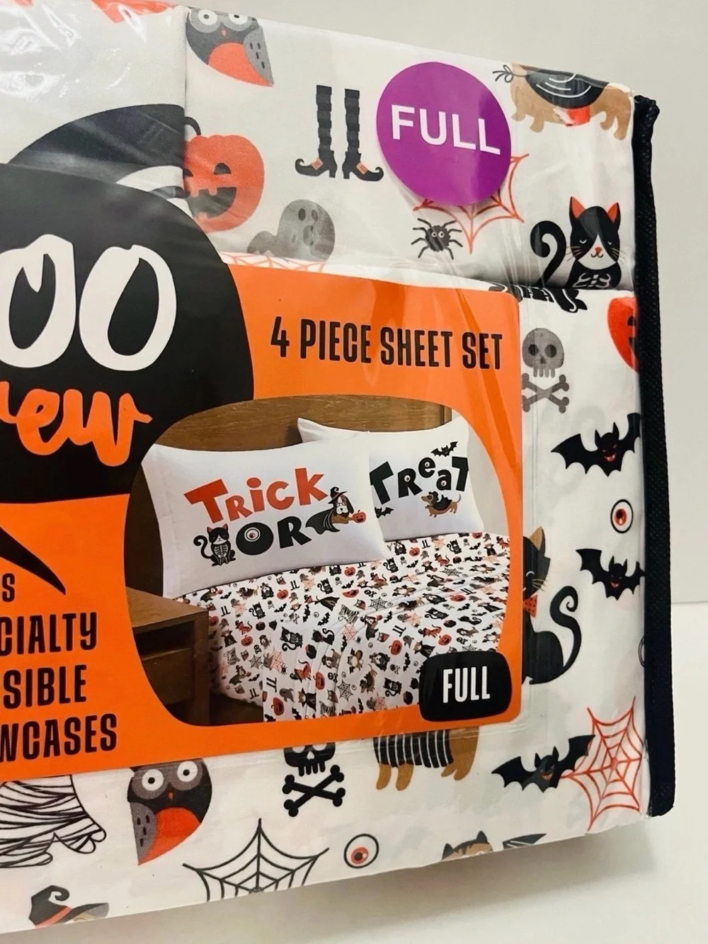 Boo Crew Halloween Full Size Sheet Set Cats Skulls Cobwebs Spiders Owls Dog Cat